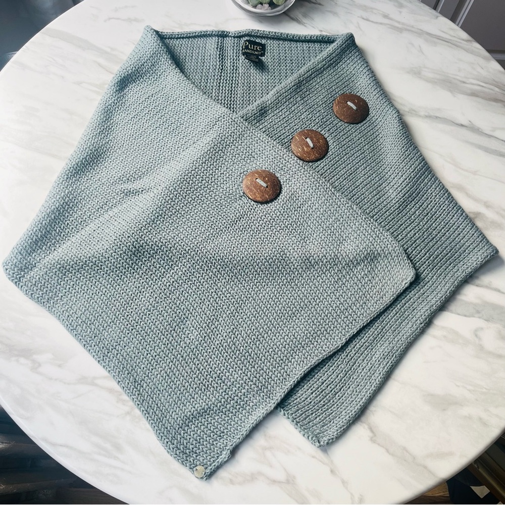 PURE Hand knit 100% Cotton Wrap Shawl Shrug Scarf Gray Blue NEW NWOT